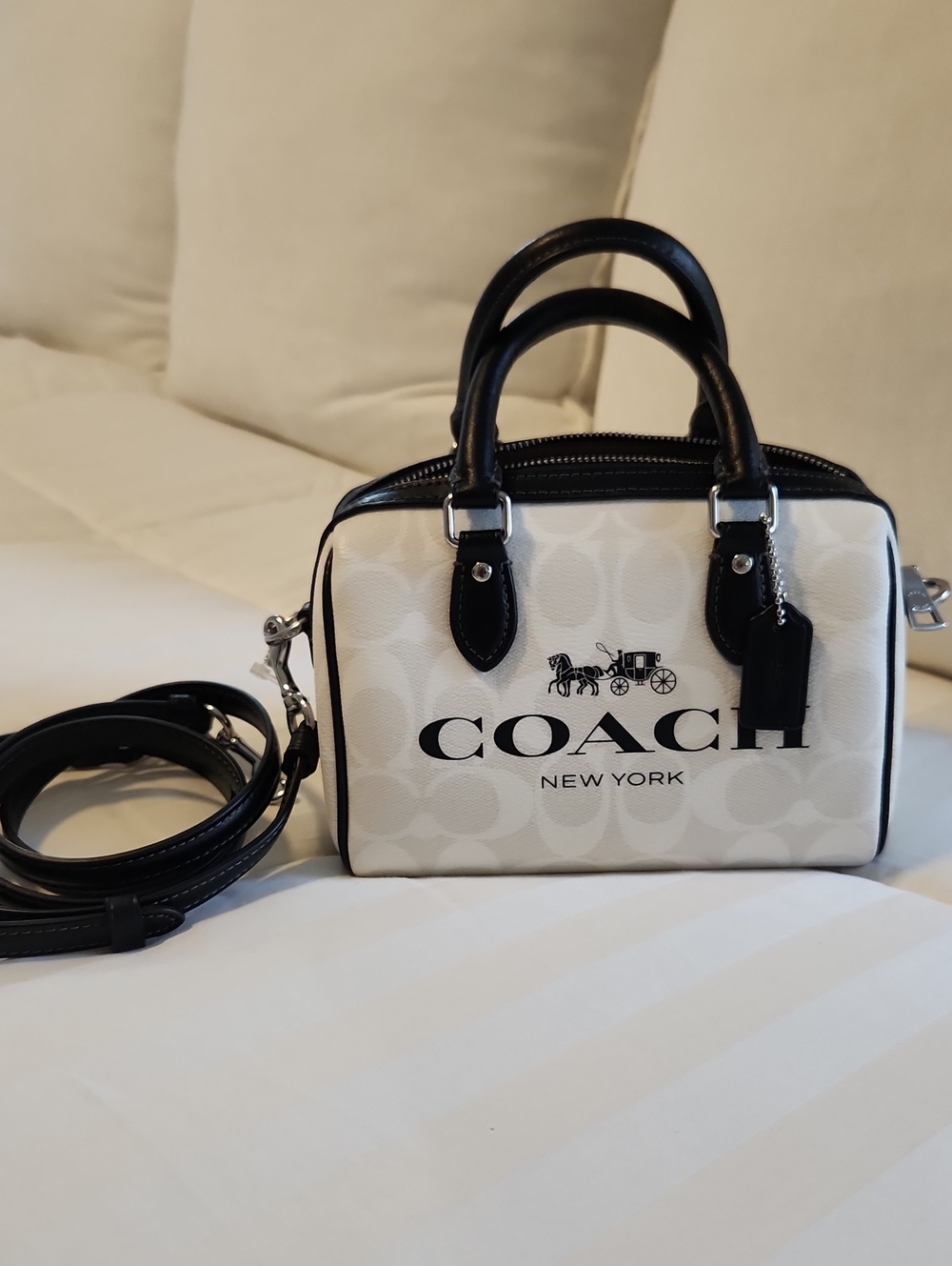 NWT Coach White and Black Signature Mini Satchel with Detachable Strap
